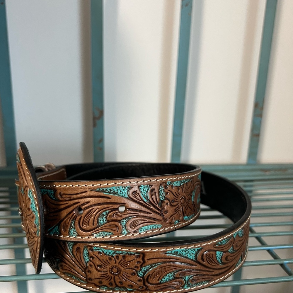 Hand-tooled Leather Black silver buckle Turquoise Belt Myra Bag Western boho M - Picture 7 of 8